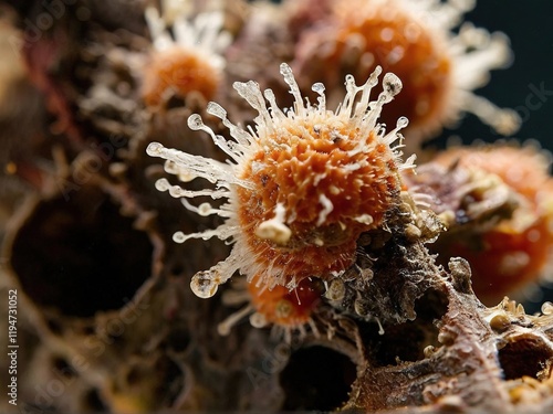 Close-up of vibrant coral-like structures showcasing intricate details and textures underwater photo