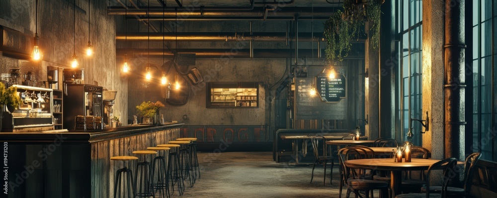 A trendy urban café with industrial-style interiors, exposed pipes, and Edison bulb lighting, 4k photo A trendy urban café with industrial-style interiors, exposed pipes, and Edison bulb lighting, 4k photo