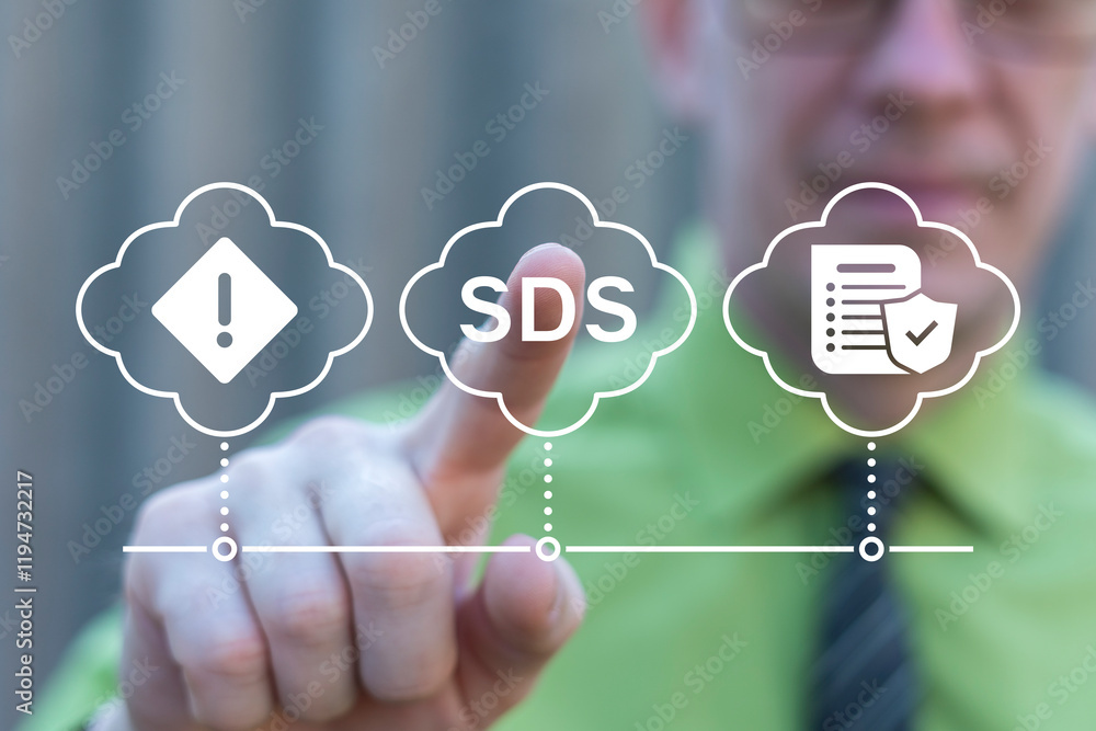 Business person working on virtual touch screen push abbreviation: SDS. SDS Safety Data Sheets Business Industry Training Safety Concept.