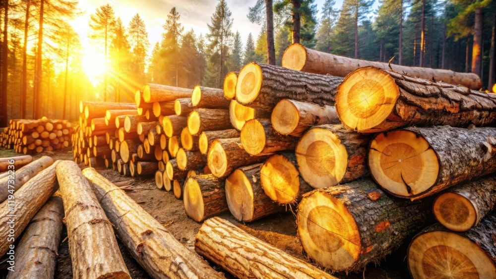 Golden Hour Lumber Stack in a Sun-Drenched Forest Golden Hour Lumber Stack in a Sun-Drenched Forest