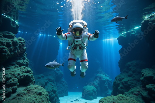 Wallpaper Mural A lone astronaut floats through the depths of an underwater world, surrounded by vibrant coral reefs and mysterious creatures Torontodigital.ca