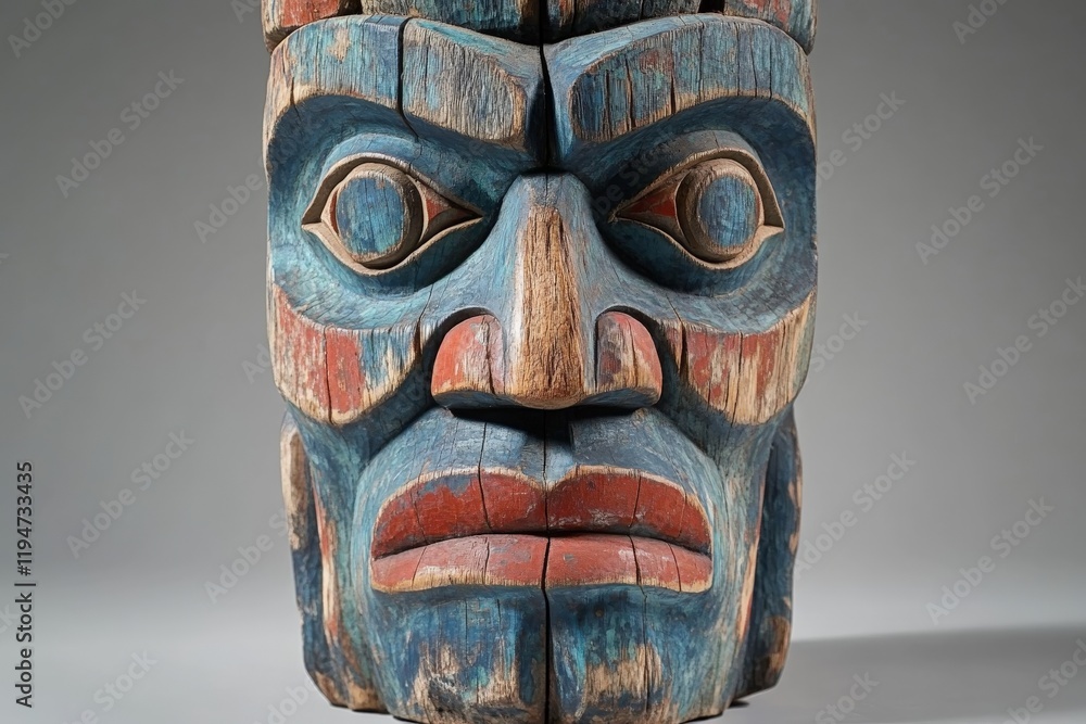 A front-facing view of an expressive face on a crafted wooden totem pole, illustrating the deep-rooted cultural traditions and artistry of indigenous tribes. A front-facing view of an expressive face on a crafted wooden totem pole, illustrating the deep-rooted cultural traditions and artistry of indigenous tribes.