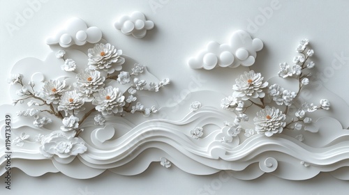Serene 3D Floral Landscape with White Flowers and Soft Clouds in a Minimalist Setting