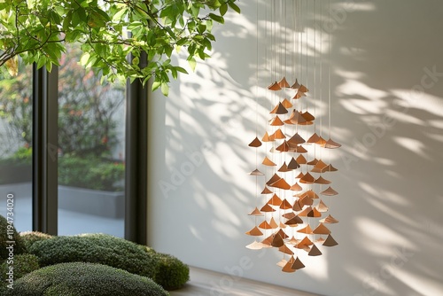 This image shows a wooden mobile featuring an arrangement of delicate triangular shapes, capturing a harmonious blend of nature and minimalist design in sunlight. photo