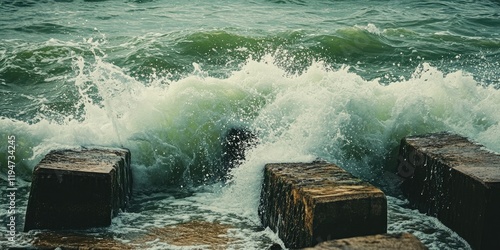 Closeup of tetrapods amidst crashing waves along a breakwater with textured brown blocks in vibrant green Baltic Sea waters. photo