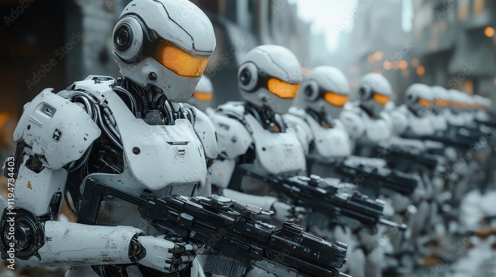 Fototapeta premium Humanoid robots patrolling dystopian city. Generative AI