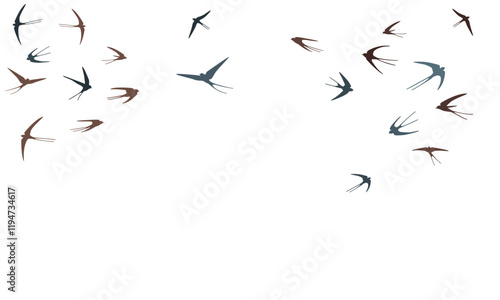 Flying swallow birds silhouettes vector illustration. Migratory martlets group isolated on white. Gliding flying swallows line art. Many birds in sky graphic design. Wildlife concept.
