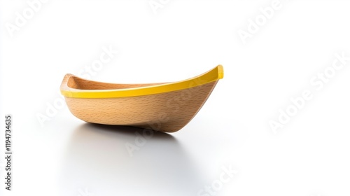 Wooden Toy Boat with Yellow Edge on White Background. Generative AI photo