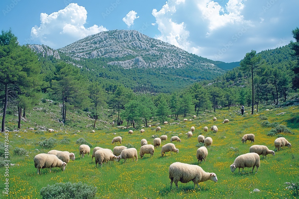 Fototapeta premium A peaceful scene of sheep grazing on a lush green meadow with a backdrop of majestic mountains and a clear blue sky, capturing the beauty of nature and serenity.