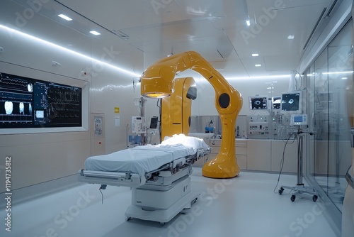 A modern surgical room featuring advanced yellow robotic arm equipment, designed for precise medical procedures, highlighted by sleek, high-tech surroundings. photo