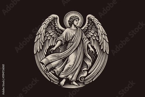 Vintage black and white engraving of Archangel Gabriel, vector art