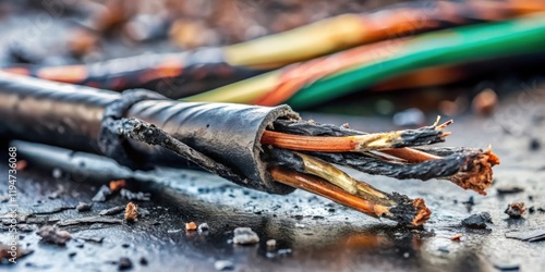 Close-up view of severely damaged electrical cable showing the charred and melted wires photo