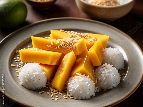 Mango sticky rice on a plate sprinkled with sesame seeds, Thai dessert, Thai food photo