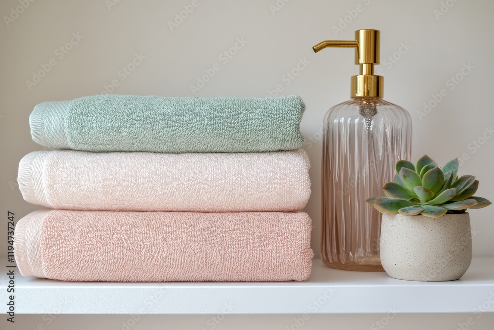 Towels are folded on a shelf, next to a bottle of liquid soap and a green succulent in a pot Towels are folded on a shelf, next to a bottle of liquid soap and a green succulent in a pot
