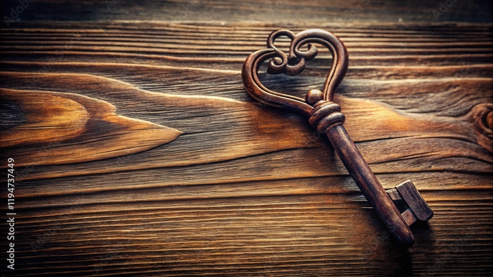 An Antique Heart-Shaped Key on Rustic Wooden Surface An Antique Heart-Shaped Key on Rustic Wooden Surface