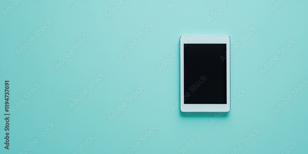 Contemporary tablet with a blank screen on a light blue background spaciously arranged for text placement ample negative space for design elements Contemporary tablet with a blank screen on a light blue background spaciously arranged for text placement ample negative space for design elements