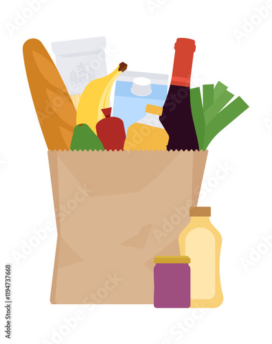 Shopping paper bag is filled groceries - bread, wine, cartons of milk, pasta, vegetables. Market groceries, buying food concept. Linear illustration editable strokes.
