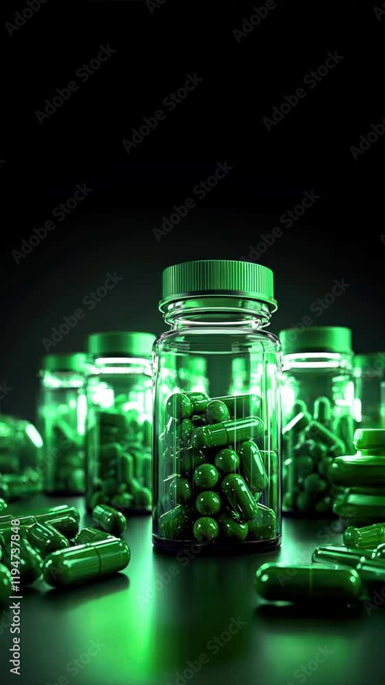 3d render of green supplement bottles and pills illuminated by soft light on a dark background, represents mental wellness supplements, wellness tablets, and health supplements 3d render of green supplement bottles and pills illuminated by soft light on a dark background, represents mental wellness supplements, wellness tablets, and health supplements