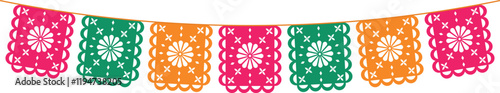 Bright flags with ornaments for Mexican holidays. Colored papel picado paper. Isolated vector illustration.