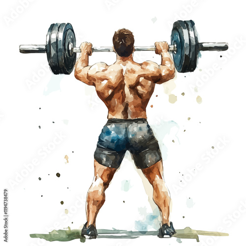 A watercolor illustration of weight lifting, isolated on a white background. Weight lifting vector.
