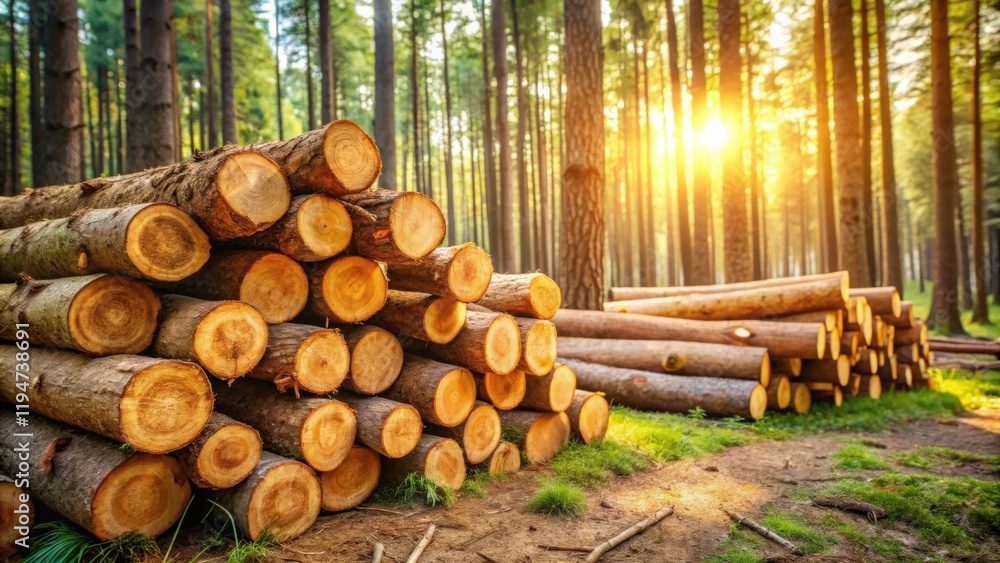 Golden Hour Lumber Pile in a Sunlit Forest Golden Hour Lumber Pile in a Sunlit Forest