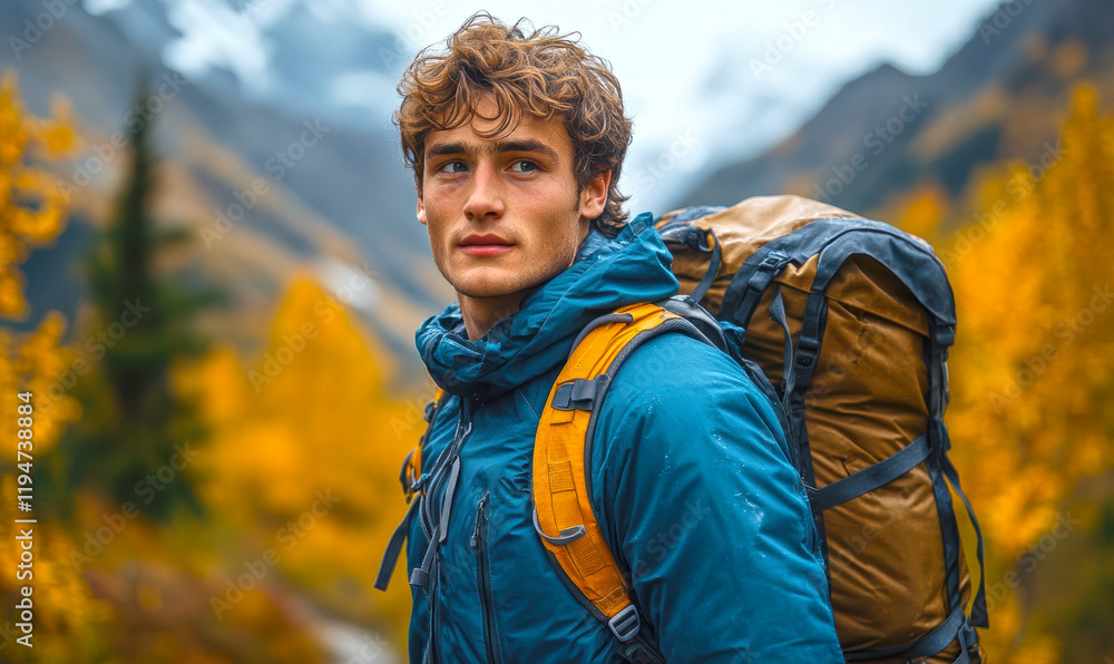 A young man in his 30s, dressed in outdoor trekking gear, with a backpack slung over one shoulder, casually walking. A young man in his 30s, dressed in outdoor trekking gear, with a backpack slung over one shoulder, casually walking.