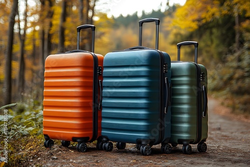 Colorful suitcases, mountain vista, forest overlook, travel adventure, vibrant luggage, scenic panorama, summer vacation, wanderlust, nature exploration, hilltop view, rolling hills, cloudy sky, outdo photo