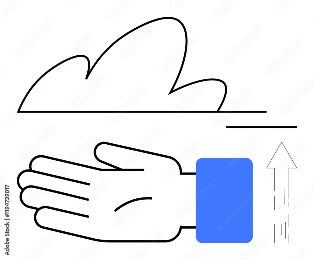 Hand gesture under a simple line cloud with an upward arrow indicating progress, growth, and opportunity. Ideal for themes of innovation, aspirations, motivation, potential, support, guidance Hand gesture under a simple line cloud with an upward arrow indicating progress, growth, and opportunity. Ideal for themes of innovation, aspirations, motivation, potential, support, guidance