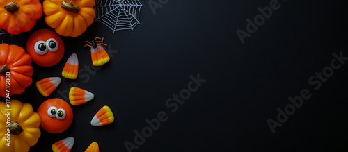 A dark black background decorated with various Halloween decorations, including glowing pumpkins, photo