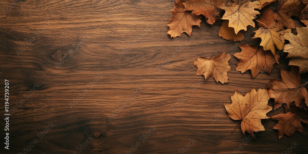 Autumnal flatlay of brown maple leaves in the upper right corner on a textured wooden tabletop with natural warm tones and space for text Autumnal flatlay of brown maple leaves in the upper right corner on a textured wooden tabletop with natural warm tones and space for text