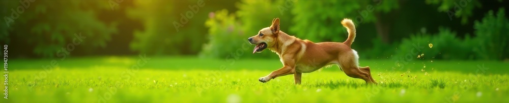 Dog running with bone through lush green lawn, nature, greenery, bone Dog running with bone through lush green lawn, nature, greenery, bone
