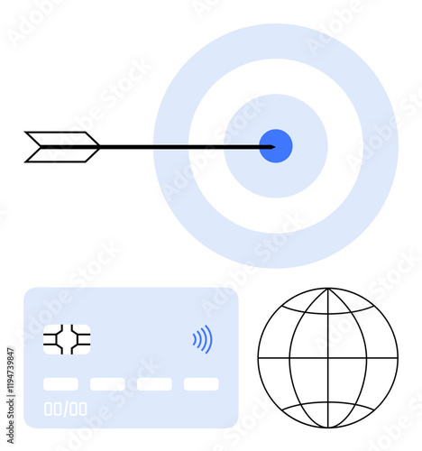 Arrow hits bullseye alongside digital credit card and globe outline, symbolizing precision, financial success, and worldwide commerce. Ideal for fintech, payment systems, goals, globalization
