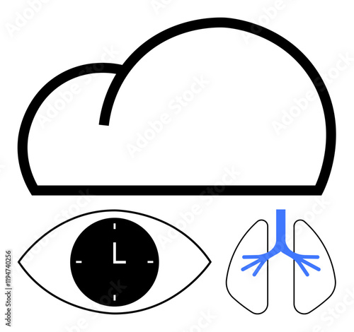 Black cloud, clock inside an eye, and lungs with blue trachea suggest technology, time, health, and balance. Ideal for healthcare, mindfulness, technology data storage well-being productivity