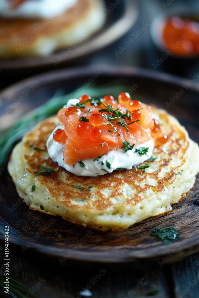A plate of fluffy pancakes topped with smoked salmon, sour cream, and possibly some fresh herbs A plate of fluffy pancakes topped with smoked salmon, sour cream, and possibly some fresh herbs
