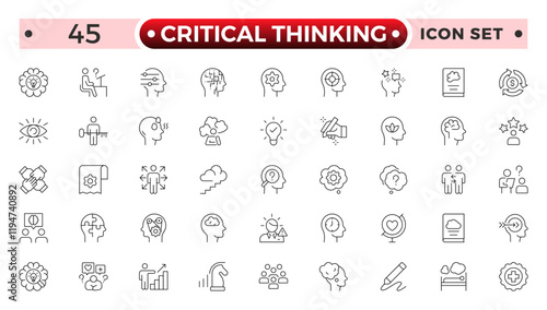 Critical thinking outline icon set. Containing think, problem-solving, analysis, reasoning, evaluation, experience, research, logic and listening icons.