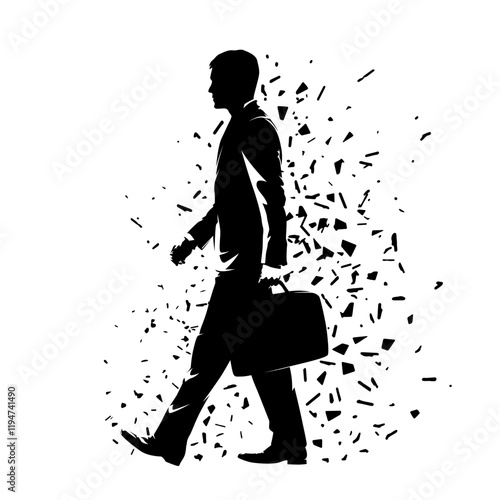 Business man walking and holding briefcase bag in hand, isolated vector silhouette with dispersion effect