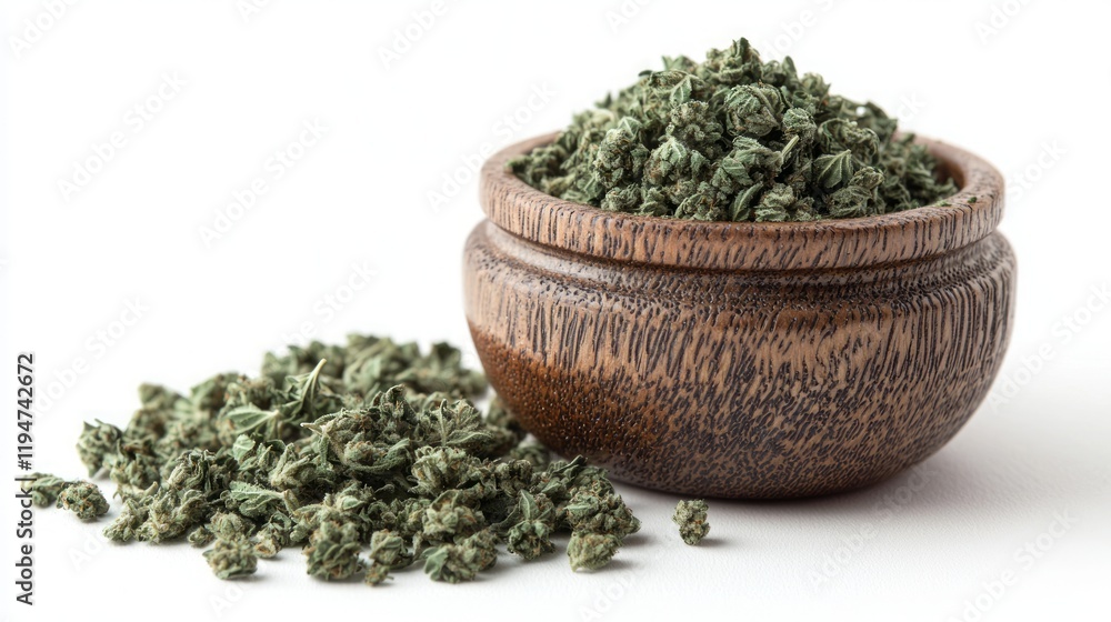 Dried herbs in wooden bowl, white background, herbal medicine Dried herbs in wooden bowl, white background, herbal medicine