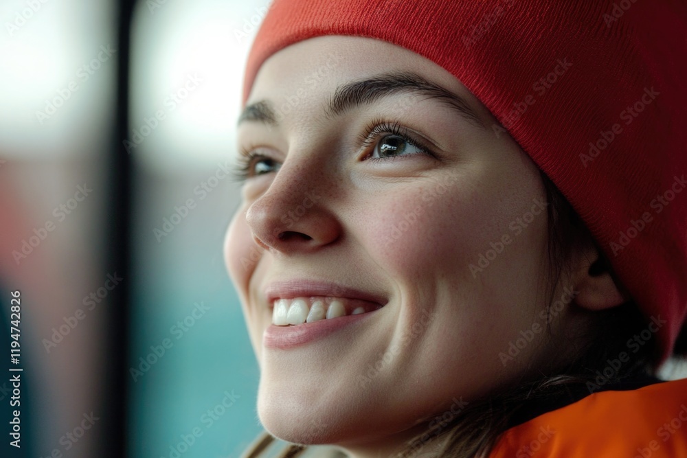A close-up shot of a person wearing a bright red hat, ideal for use in editorial or advertising content where a statement-making accessory is required A close-up shot of a person wearing a bright red hat, ideal for use in editorial or advertising content where a statement-making accessory is required