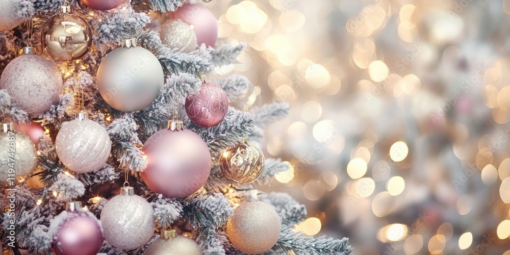 Christmas tree with pink white and gold ornaments against a soft bokeh background featuring warm sparkling lights and selective focus elements Christmas tree with pink white and gold ornaments against a soft bokeh background featuring warm sparkling lights and selective focus elements