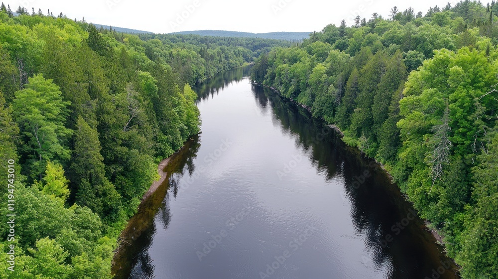 Fototapeta premium A serene river surrounded by lush green forests.