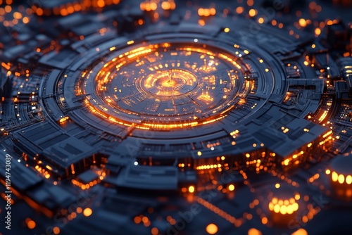 An intricate circular pattern glows orange on a circuit board, marrying technological advancement with artistic design, inspiring with its electronic elegance. photo