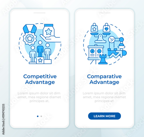 Competitive vs comparative blue onboardingmobile app screen. Walkthrough 2 steps editable graphic instructions with linear concepts. UI, UX, GUI template. Montserrat SemiBold, Regular fonts used