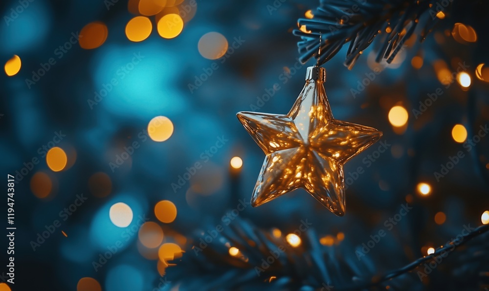 Christmas star ornament hanging on tree with glowing bokeh lights in blue and gold hues, creating a festive atmosphere Christmas star ornament hanging on tree with glowing bokeh lights in blue and gold hues, creating a festive atmosphere