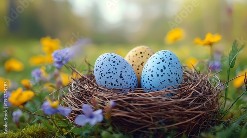 Easter eggs in nest, spring flowers, park. Holiday decoration, nature background