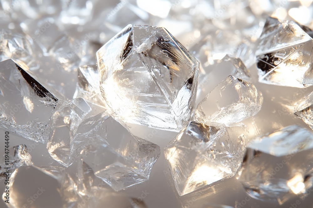 © ChaoticMind - A collection of clear geometric crystals with sharp edges reflecting ambient light, showcasing the elegant geometric shapes and purity of the crystal forms.