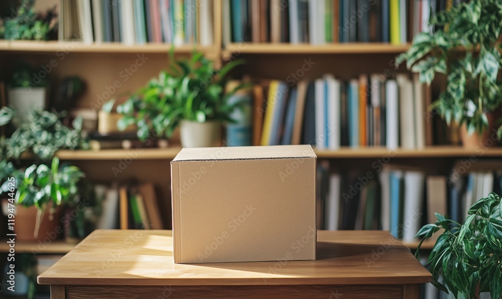 Cardboard box on wooden table in cozy library surrounded by books and plants Cardboard box on wooden table in cozy library surrounded by books and plants