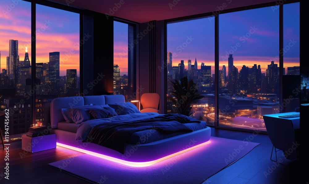Fototapeta premium Modern bedroom with city skyline view at sunset, featuring ambient lighting and contemporary decor