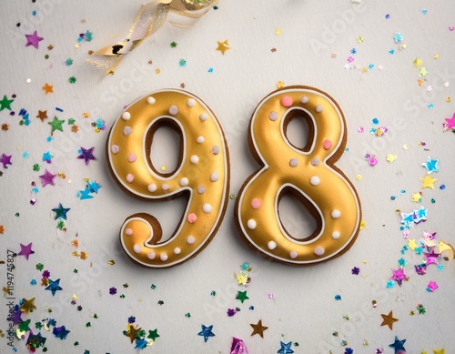 Decorated cookie for birthday or anniversary party, number 98. White background with party decoration. photo