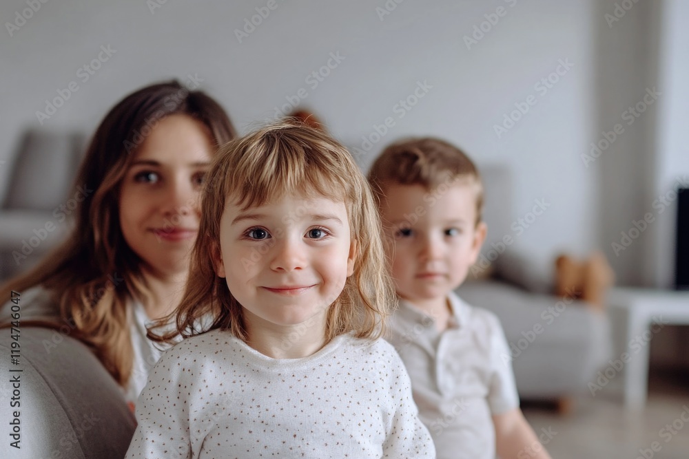 A mother and her two children sitting together on a couch A mother and her two children sitting together on a couch