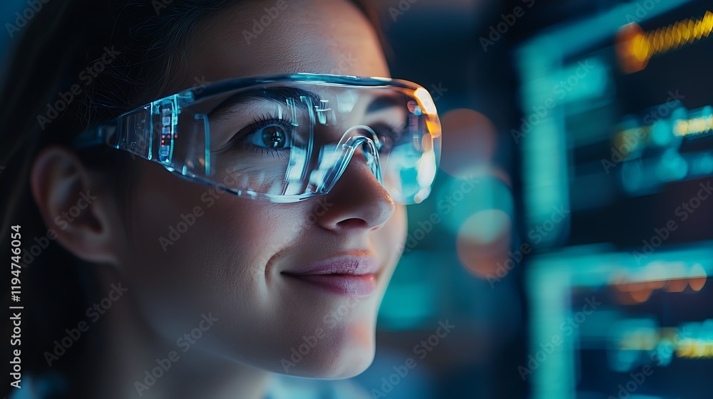 A focused individual in safety glasses engages with digital screens, showcasing a blend of technology and innovation in a professional environment. A focused individual in safety glasses engages with digital screens, showcasing a blend of technology and innovation in a professional environment.